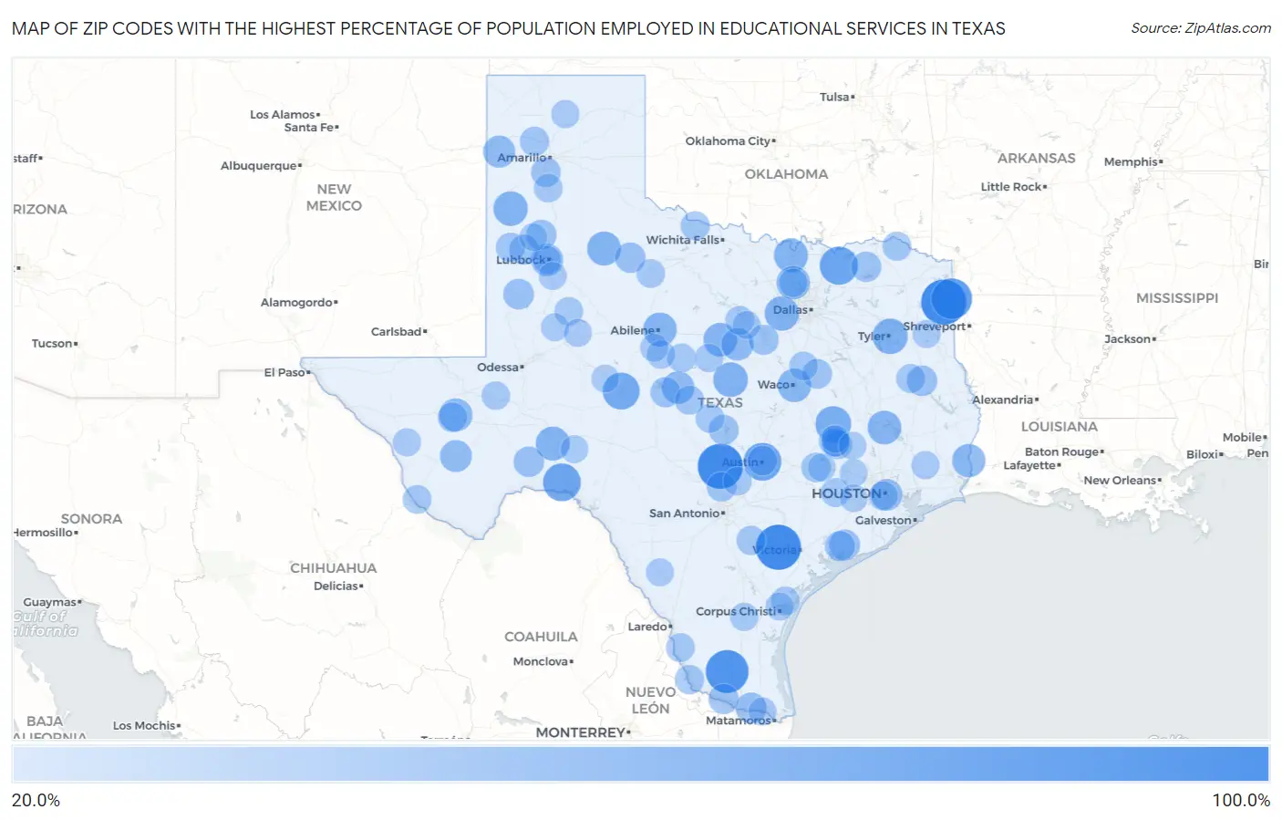 Zip Codes with the Highest Percentage of Population Employed in Educational Services in Texas Map