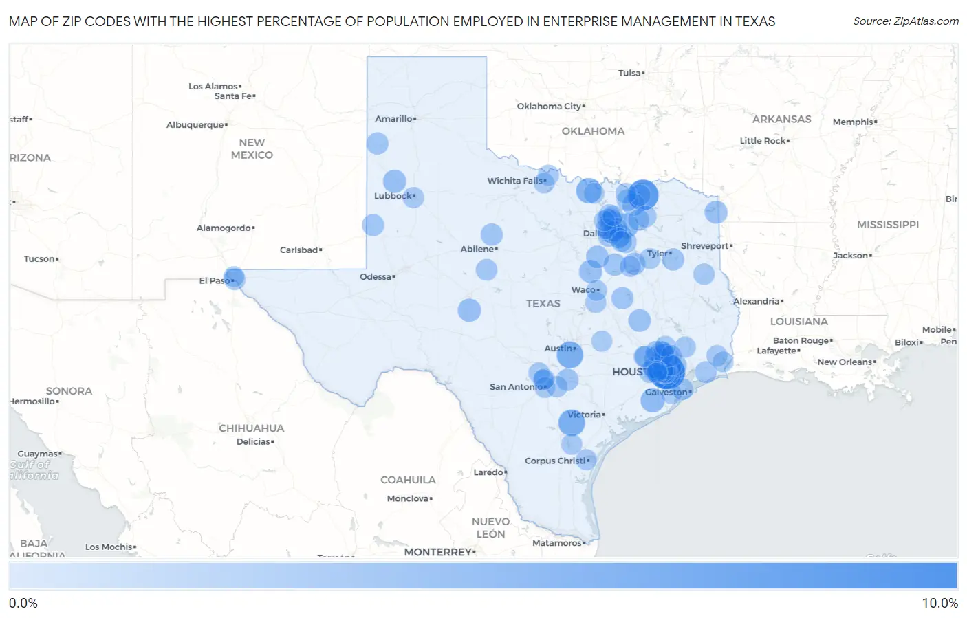 Zip Codes with the Highest Percentage of Population Employed in Enterprise Management in Texas Map