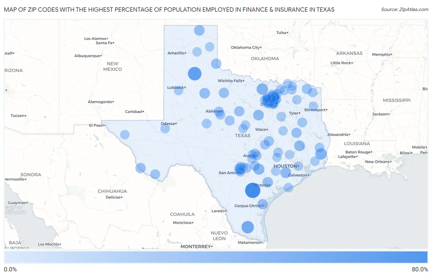 Zip Codes with the Highest Percentage of Population Employed in Finance & Insurance in Texas Map