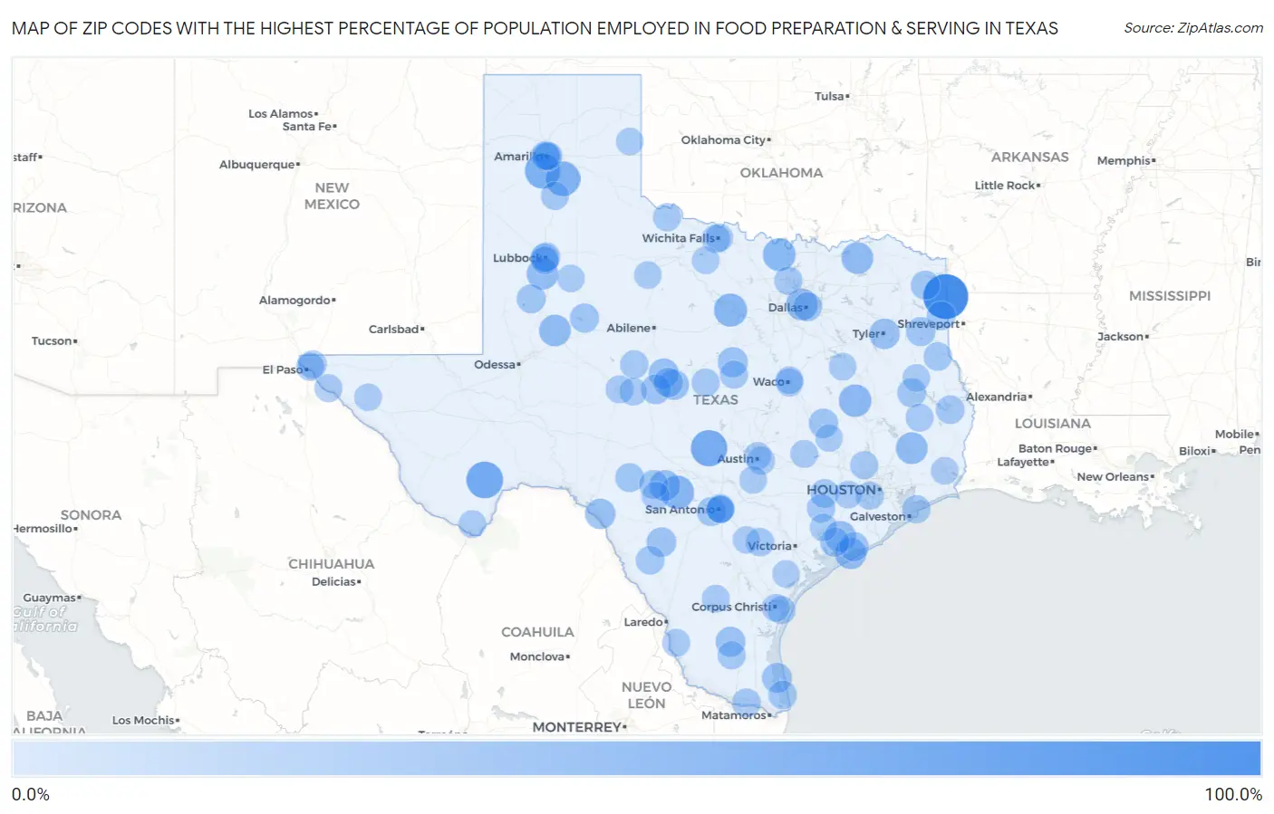 Zip Codes with the Highest Percentage of Population Employed in Food Preparation & Serving in Texas Map