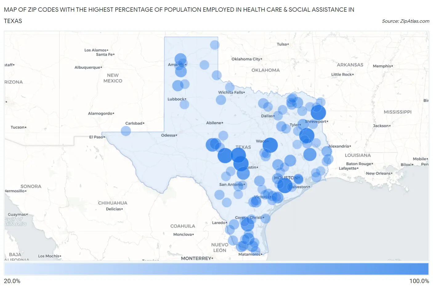 Zip Codes with the Highest Percentage of Population Employed in Health Care & Social Assistance in Texas Map