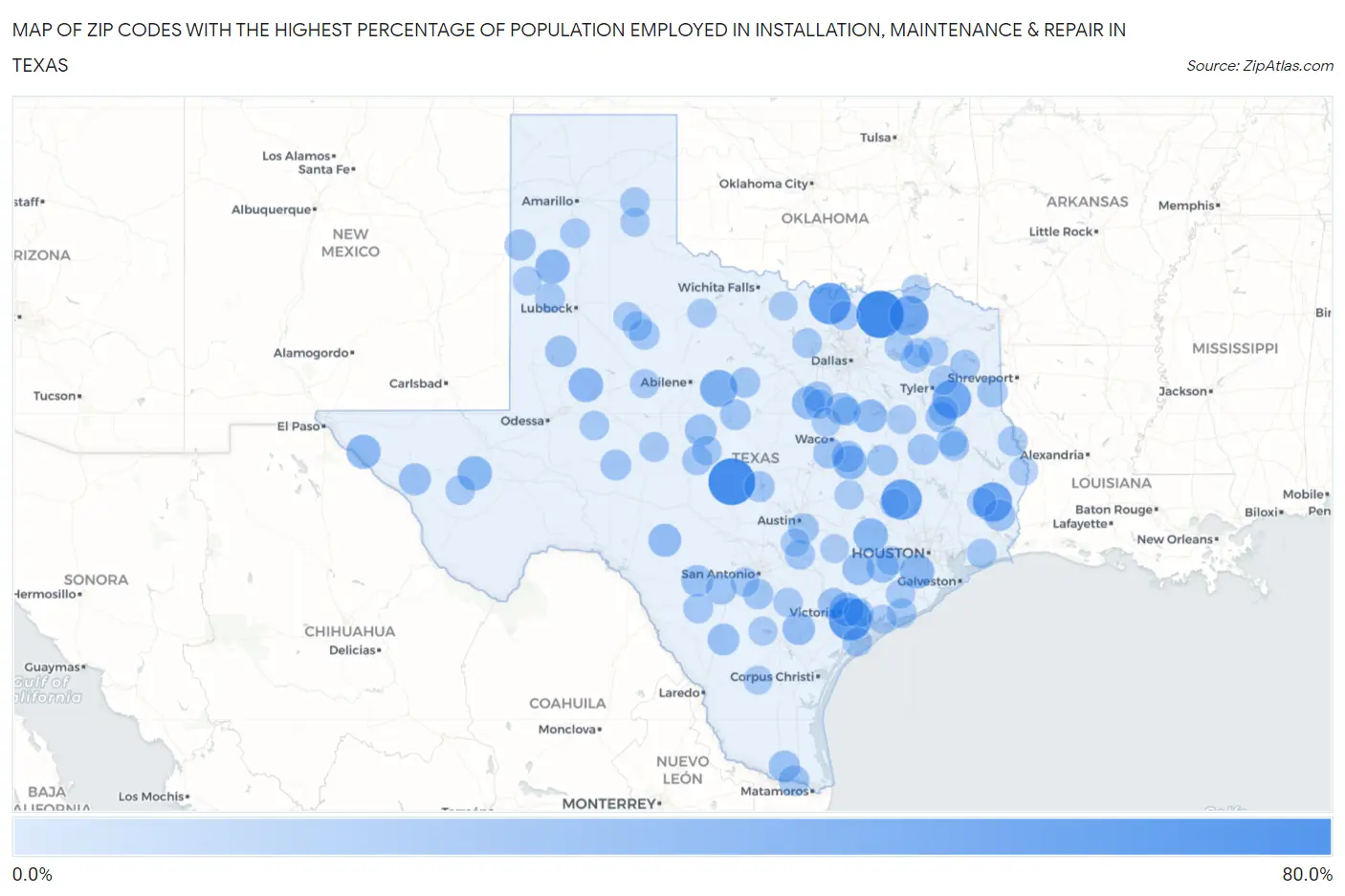 Zip Codes with the Highest Percentage of Population Employed in Installation, Maintenance & Repair in Texas Map