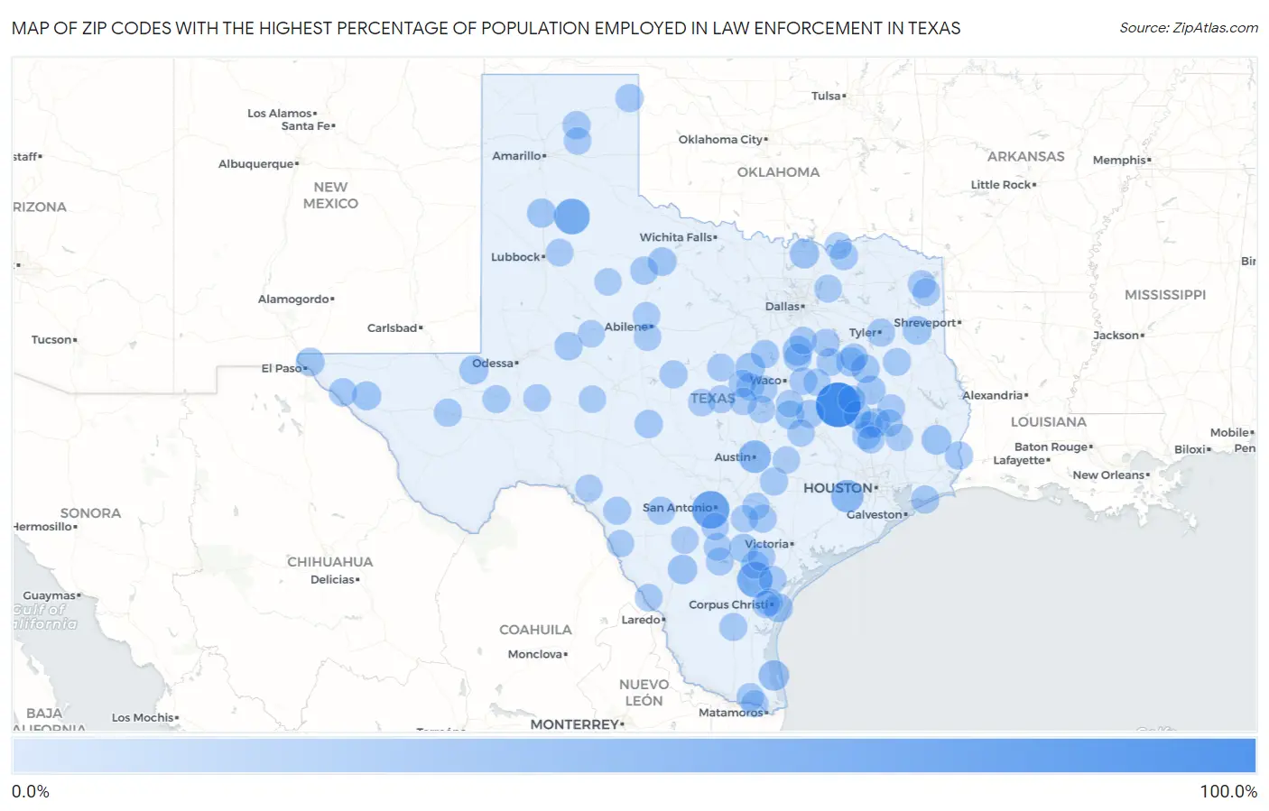 Zip Codes with the Highest Percentage of Population Employed in Law Enforcement in Texas Map