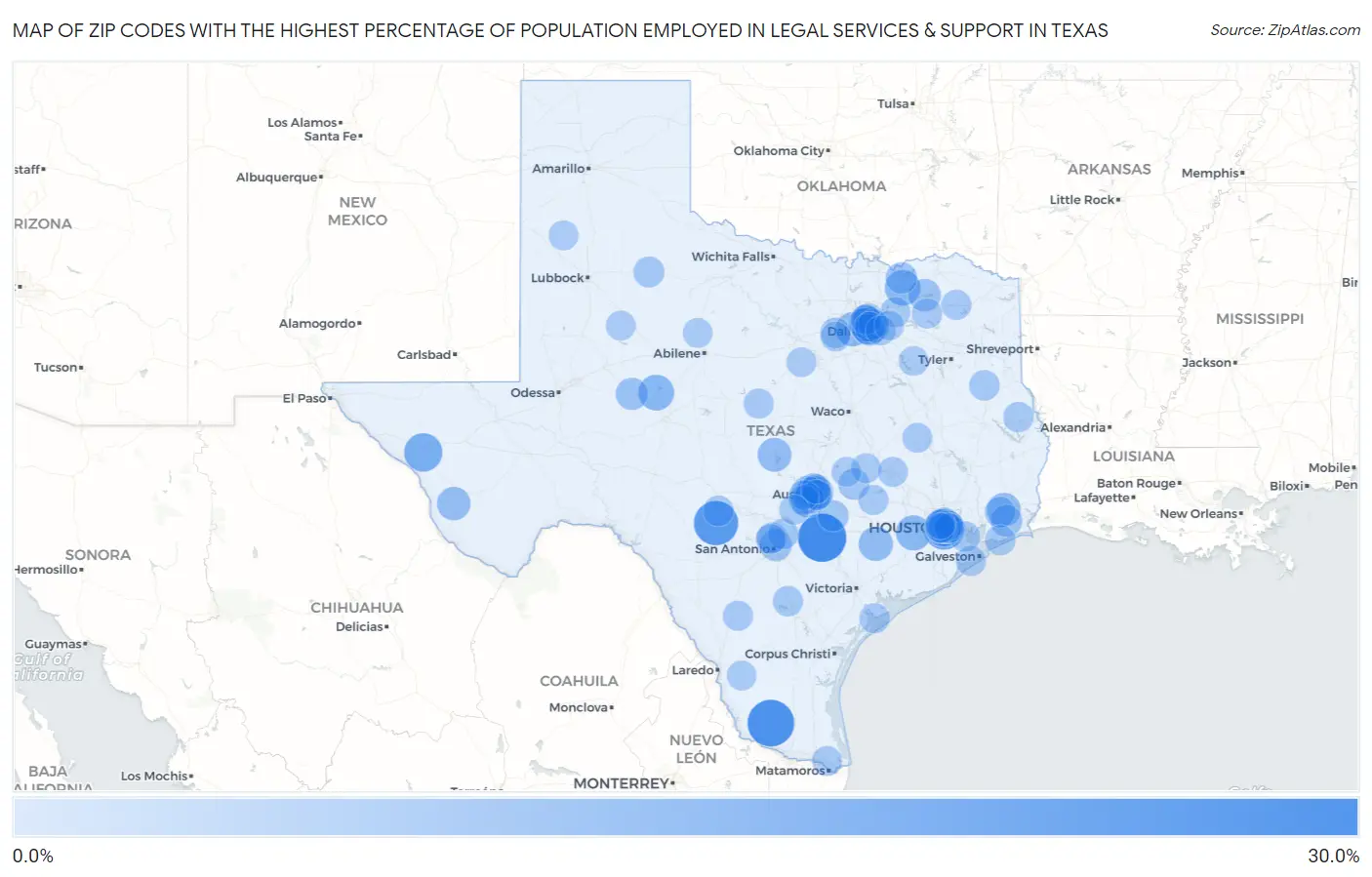 Zip Codes with the Highest Percentage of Population Employed in Legal Services & Support in Texas Map