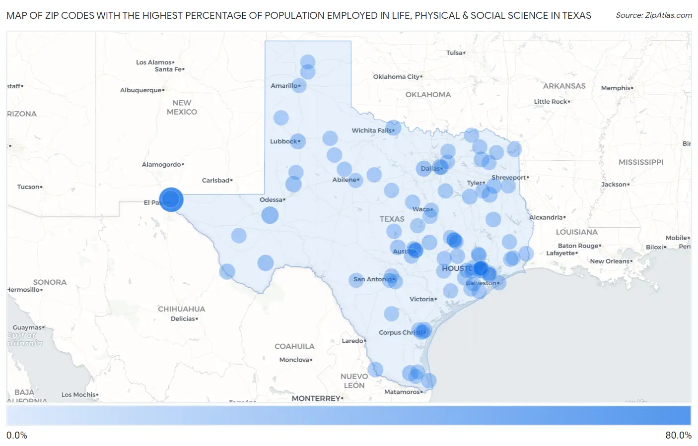 Zip Codes with the Highest Percentage of Population Employed in Life, Physical & Social Science in Texas Map