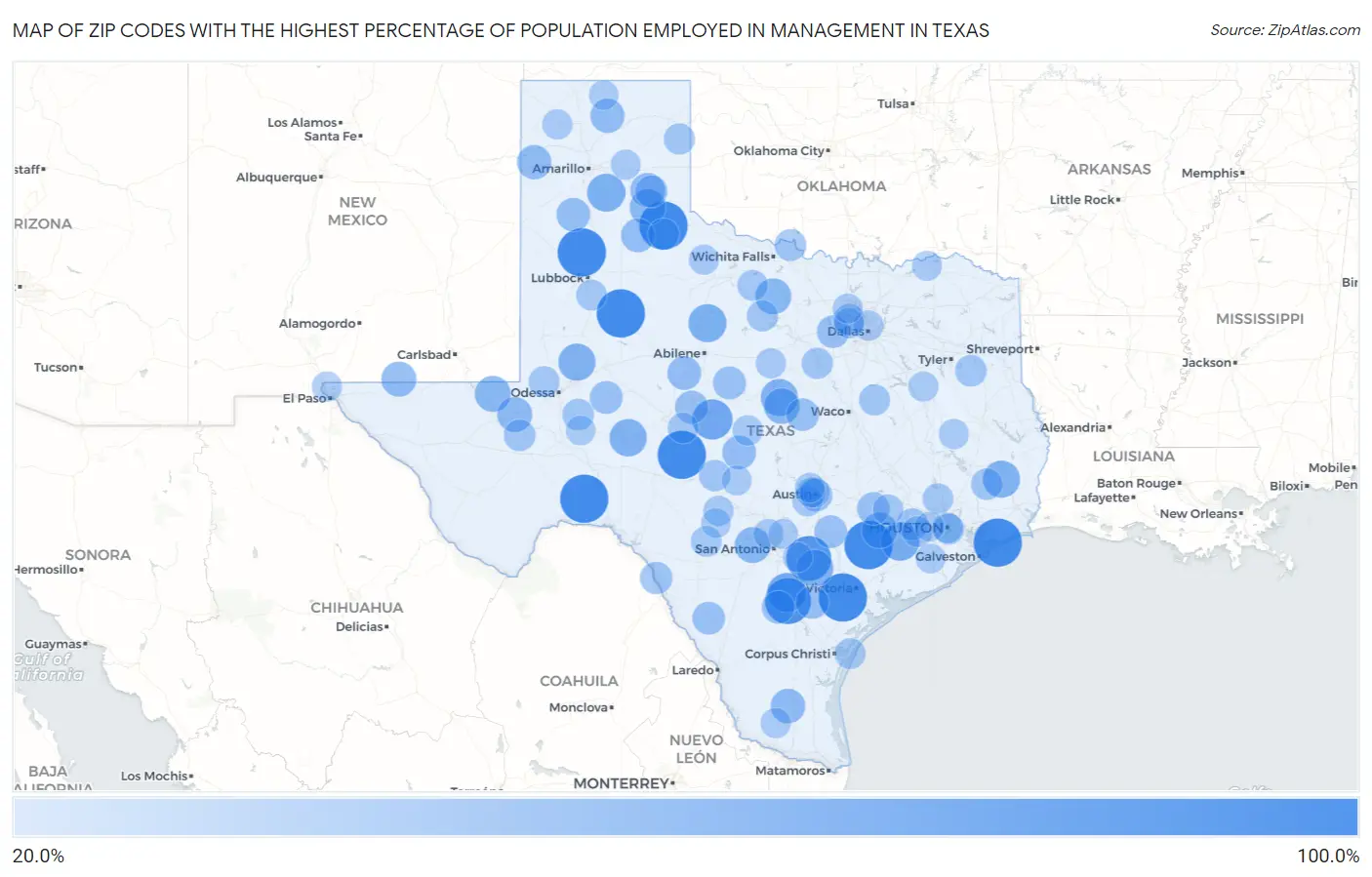Zip Codes with the Highest Percentage of Population Employed in Management in Texas Map