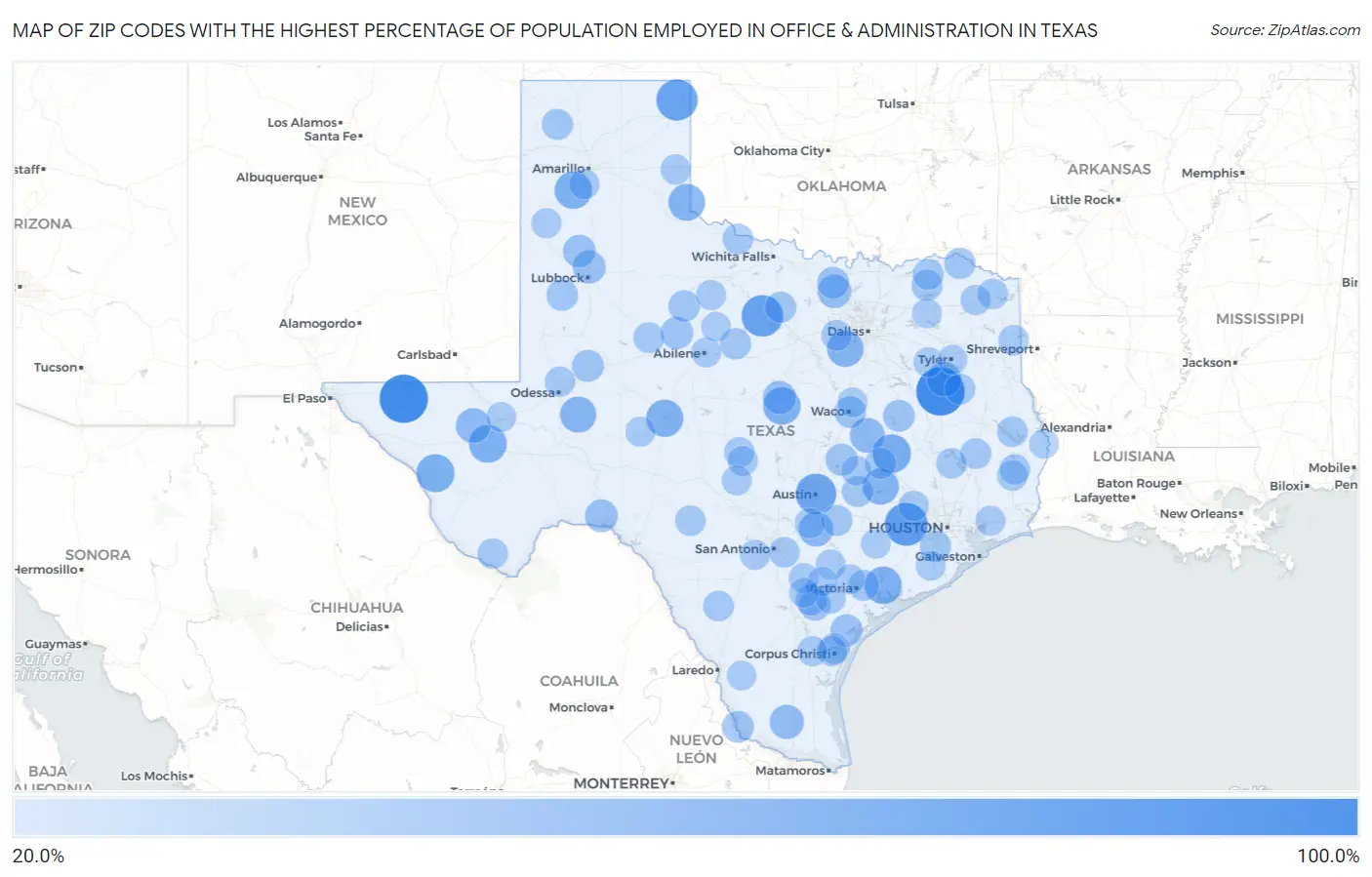 Zip Codes with the Highest Percentage of Population Employed in Office & Administration in Texas Map