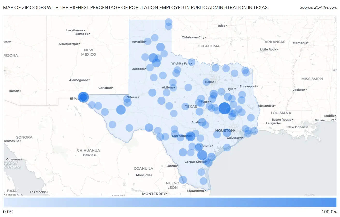 Zip Codes with the Highest Percentage of Population Employed in Public Administration in Texas Map