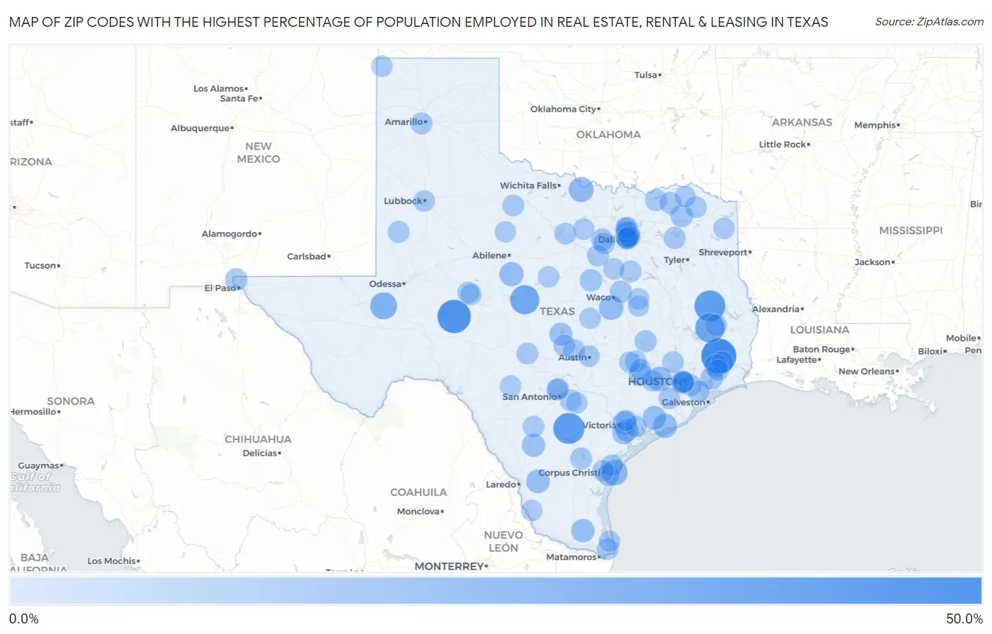 Zip Codes with the Highest Percentage of Population Employed in Real Estate, Rental & Leasing in Texas Map