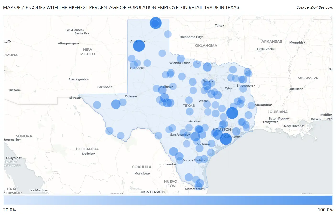 Zip Codes with the Highest Percentage of Population Employed in Retail Trade in Texas Map