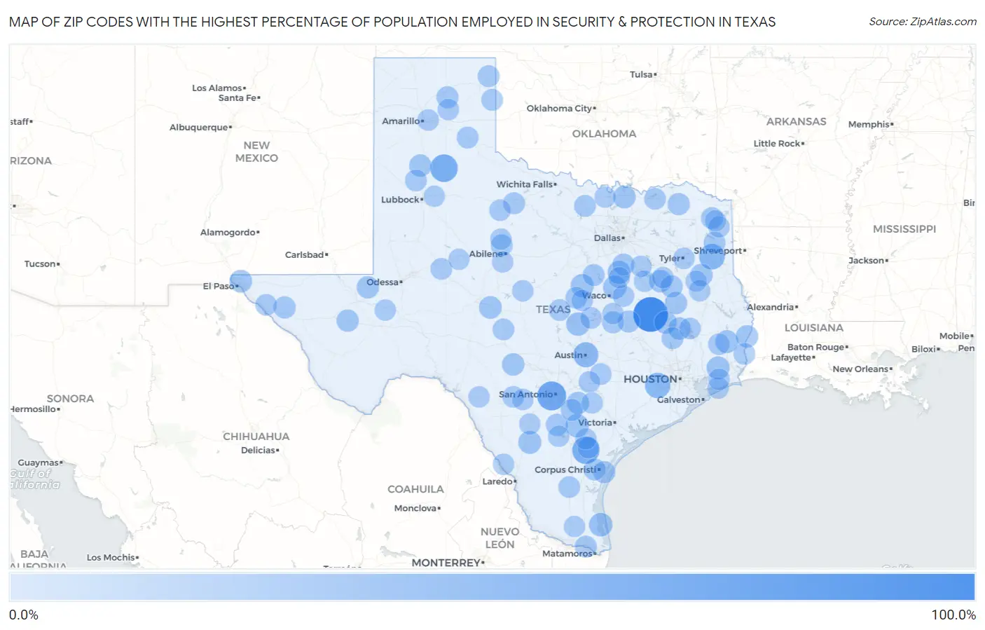 Zip Codes with the Highest Percentage of Population Employed in Security & Protection in Texas Map