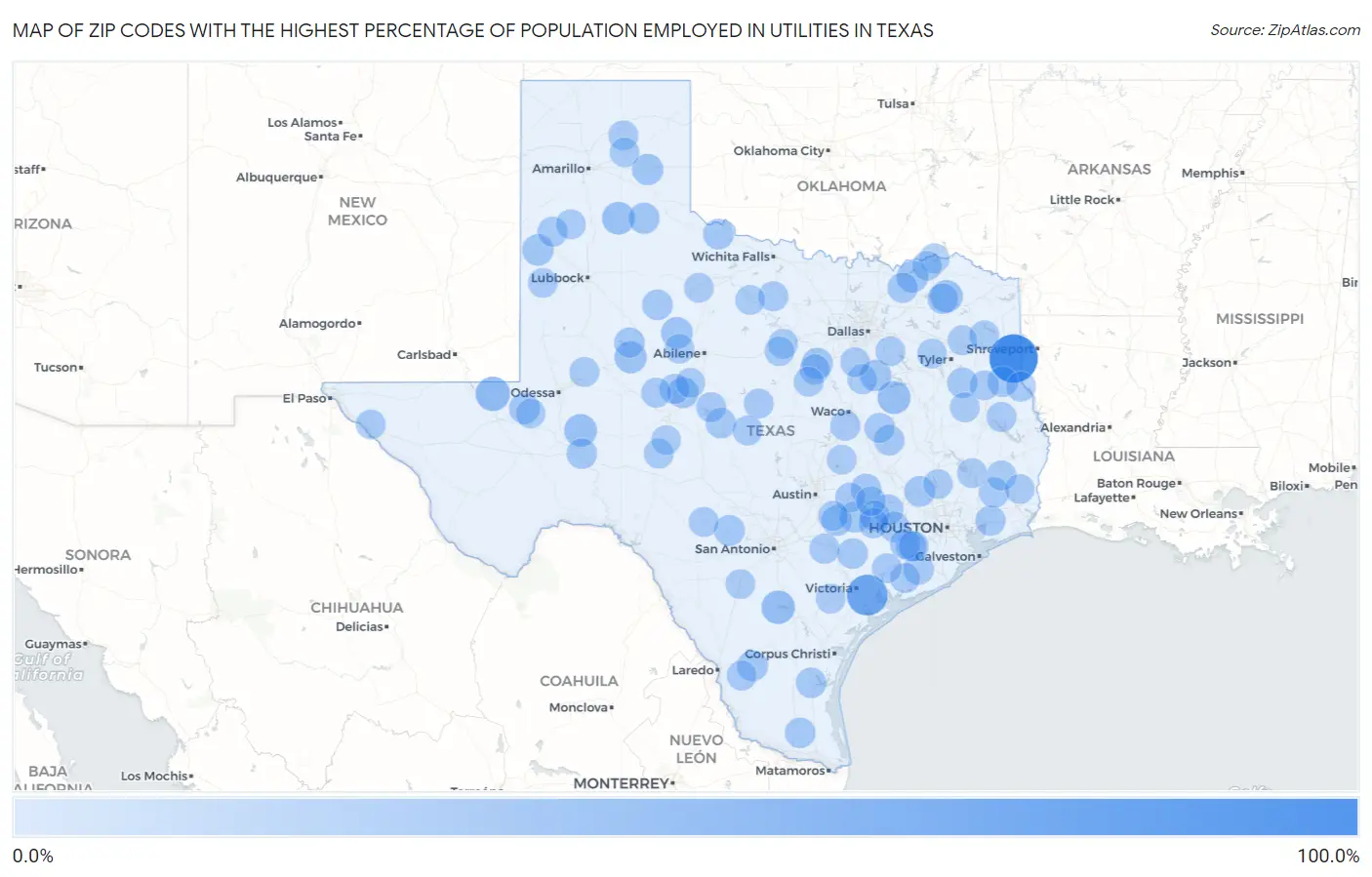 Zip Codes with the Highest Percentage of Population Employed in Utilities in Texas Map