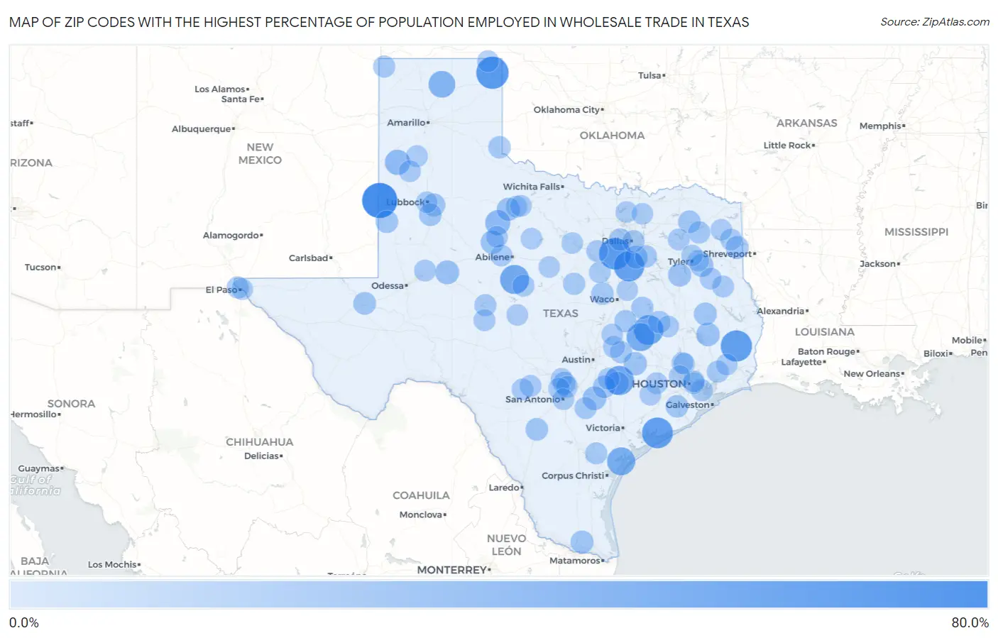 Zip Codes with the Highest Percentage of Population Employed in Wholesale Trade in Texas Map
