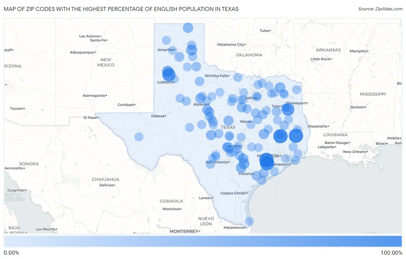 Zip Codes with the Highest Percentage of English Population in Texas Map