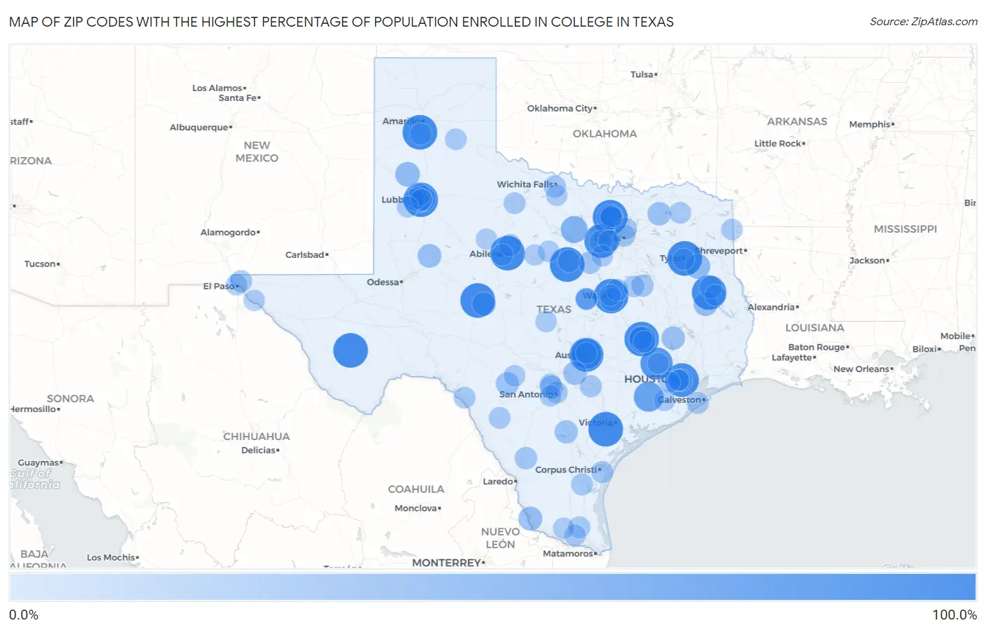 Zip Codes with the Highest Percentage of Population Enrolled in College in Texas Map