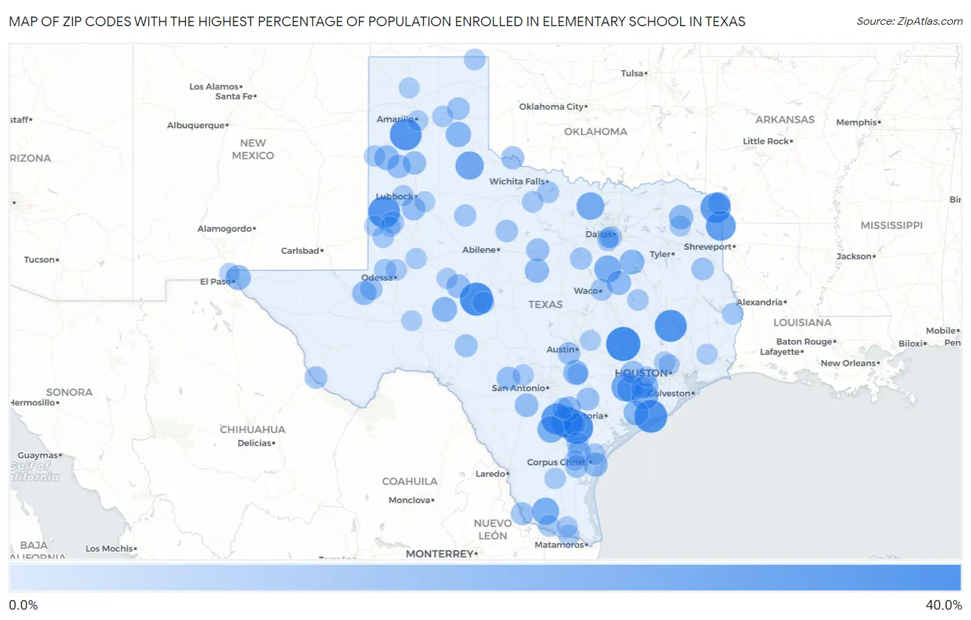 Zip Codes with the Highest Percentage of Population Enrolled in Elementary School in Texas Map