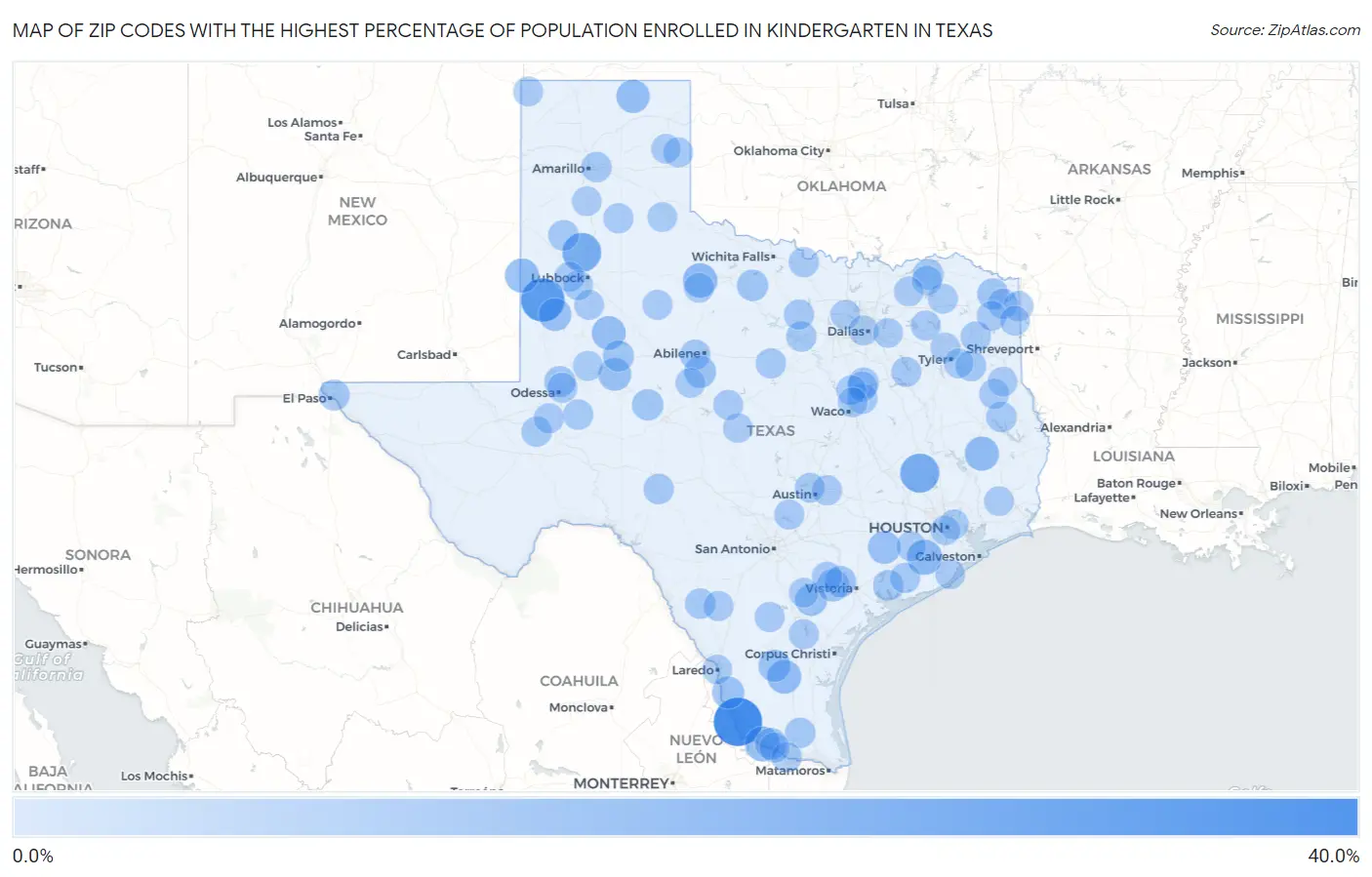Zip Codes with the Highest Percentage of Population Enrolled in Kindergarten in Texas Map