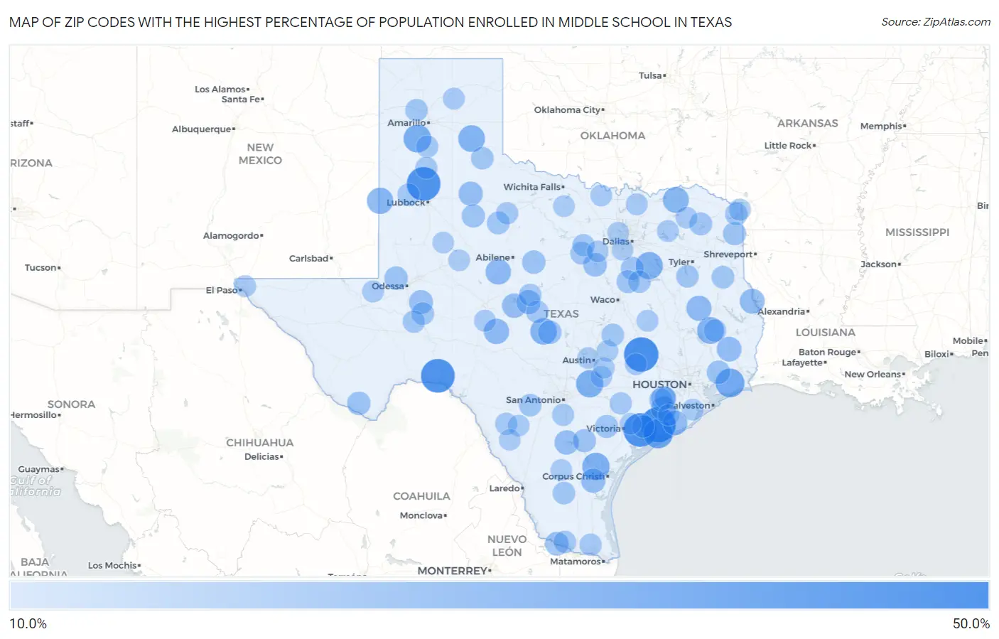 Zip Codes with the Highest Percentage of Population Enrolled in Middle School in Texas Map