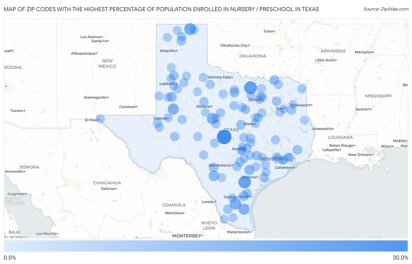 Zip Codes with the Highest Percentage of Population Enrolled in Nursery / Preschool in Texas Map