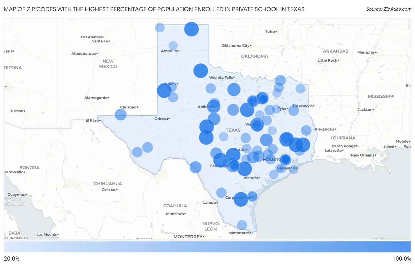 Zip Codes with the Highest Percentage of Population Enrolled in Private School in Texas Map