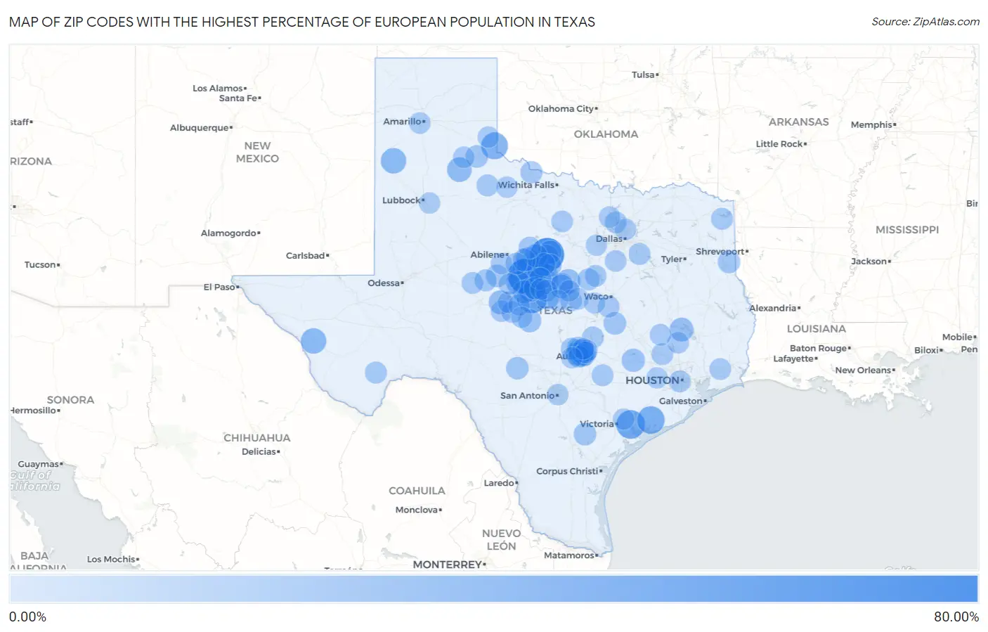 Zip Codes with the Highest Percentage of European Population in Texas Map