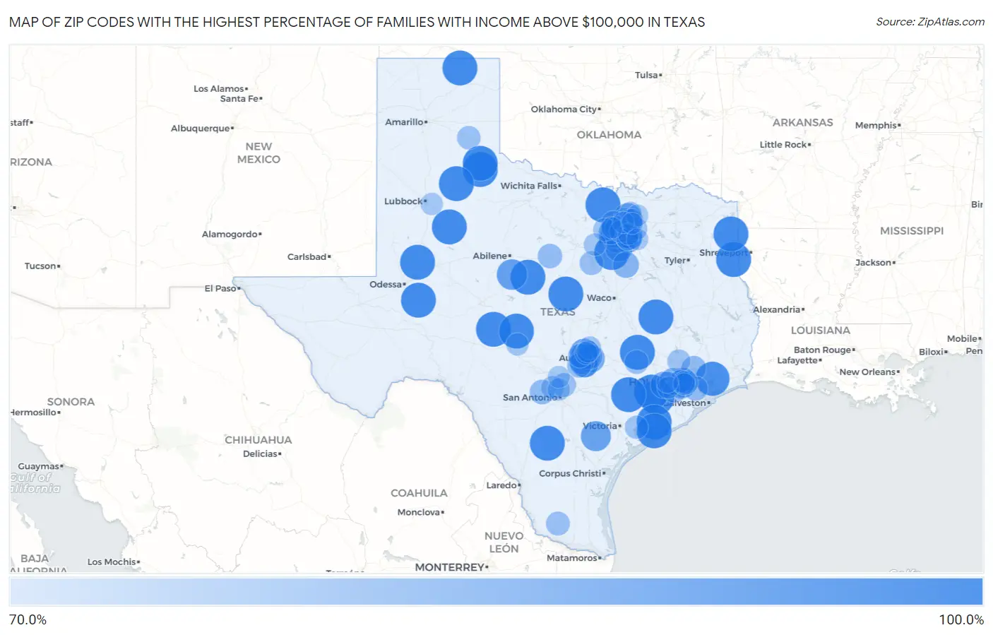 Zip Codes with the Highest Percentage of Families with Income Above $100,000 in Texas Map