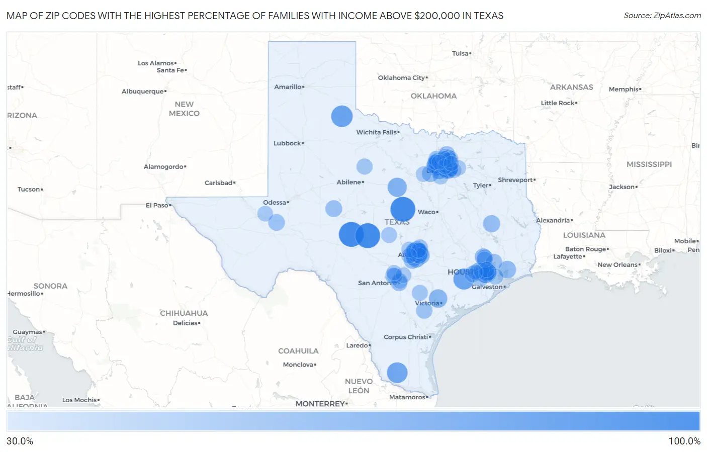 Zip Codes with the Highest Percentage of Families with Income Above $200,000 in Texas Map