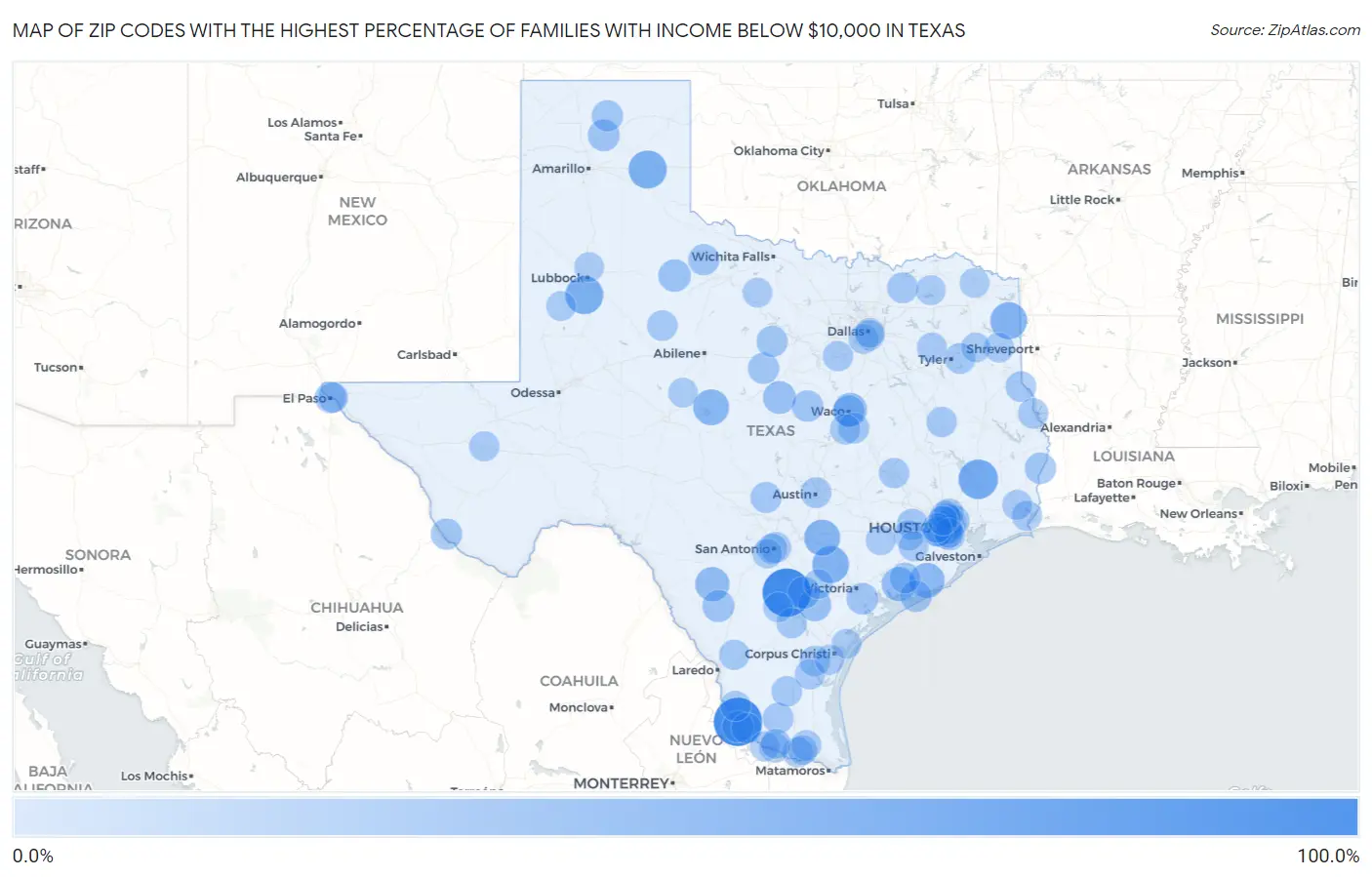 Zip Codes with the Highest Percentage of Families with Income Below $10,000 in Texas Map