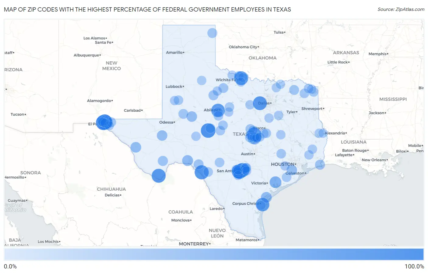 Zip Codes with the Highest Percentage of Federal Government Employees in Texas Map