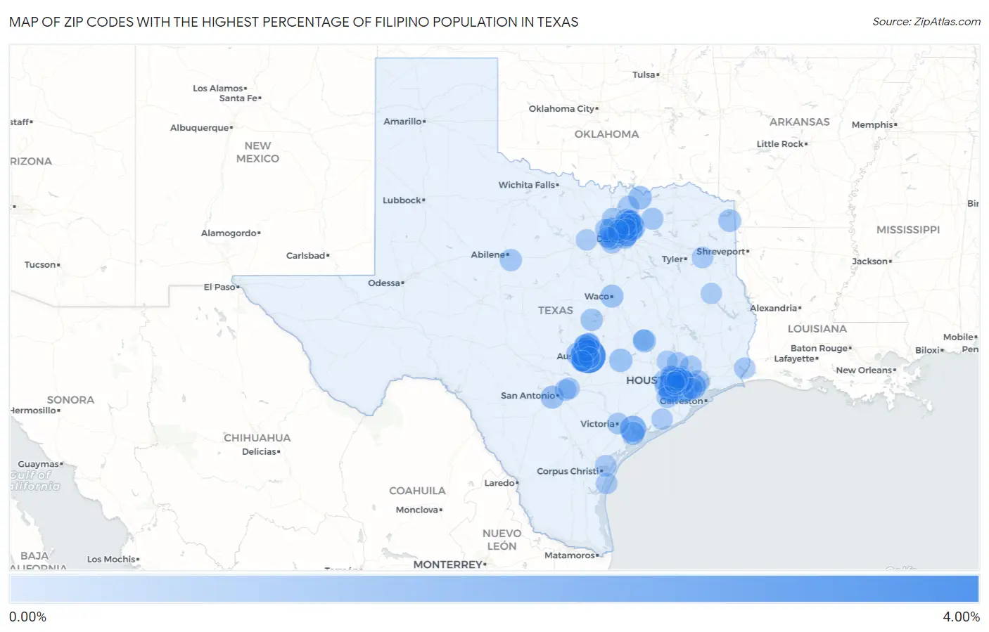 Zip Codes with the Highest Percentage of Filipino Population in Texas Map