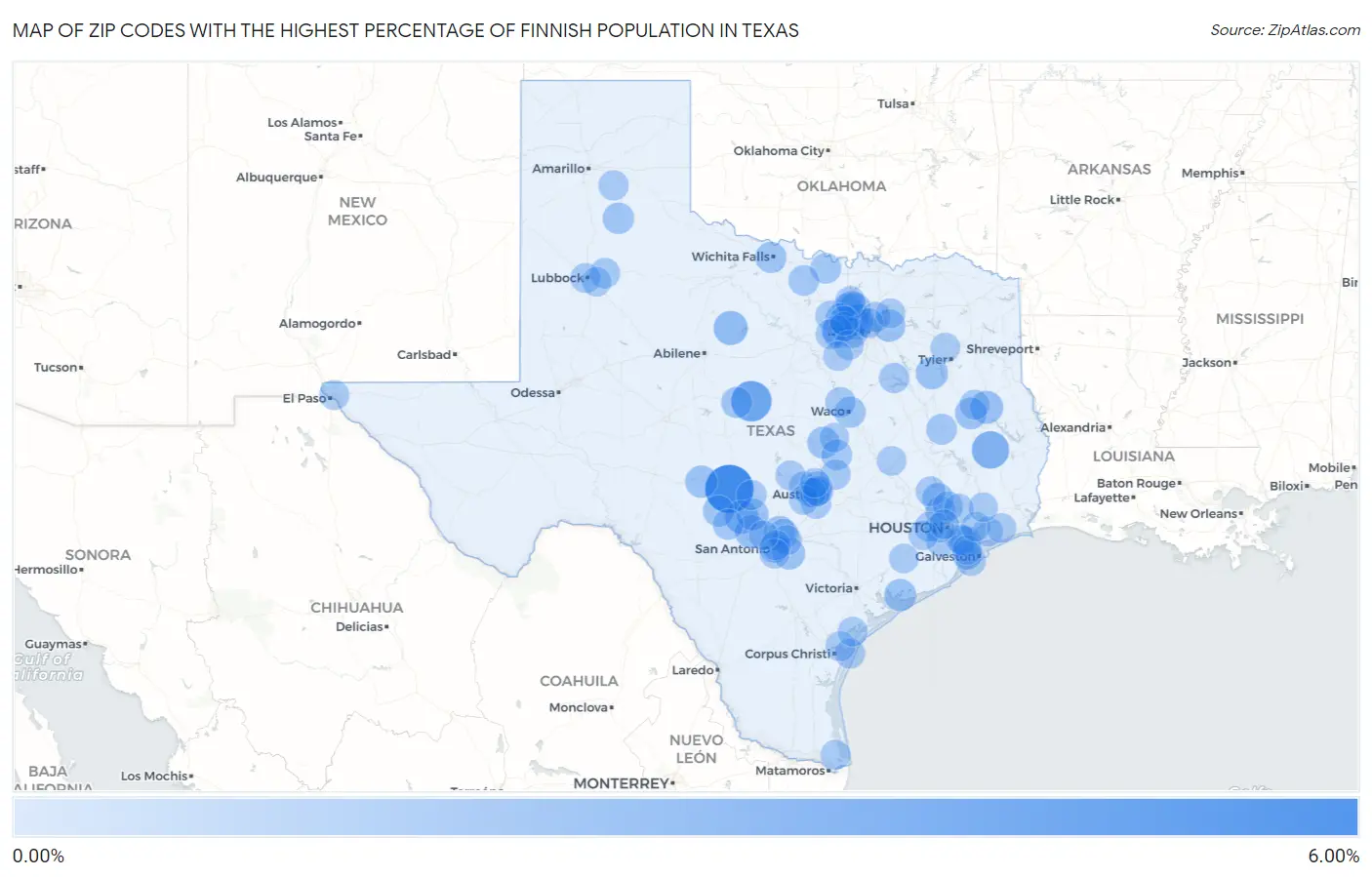 Zip Codes with the Highest Percentage of Finnish Population in Texas Map