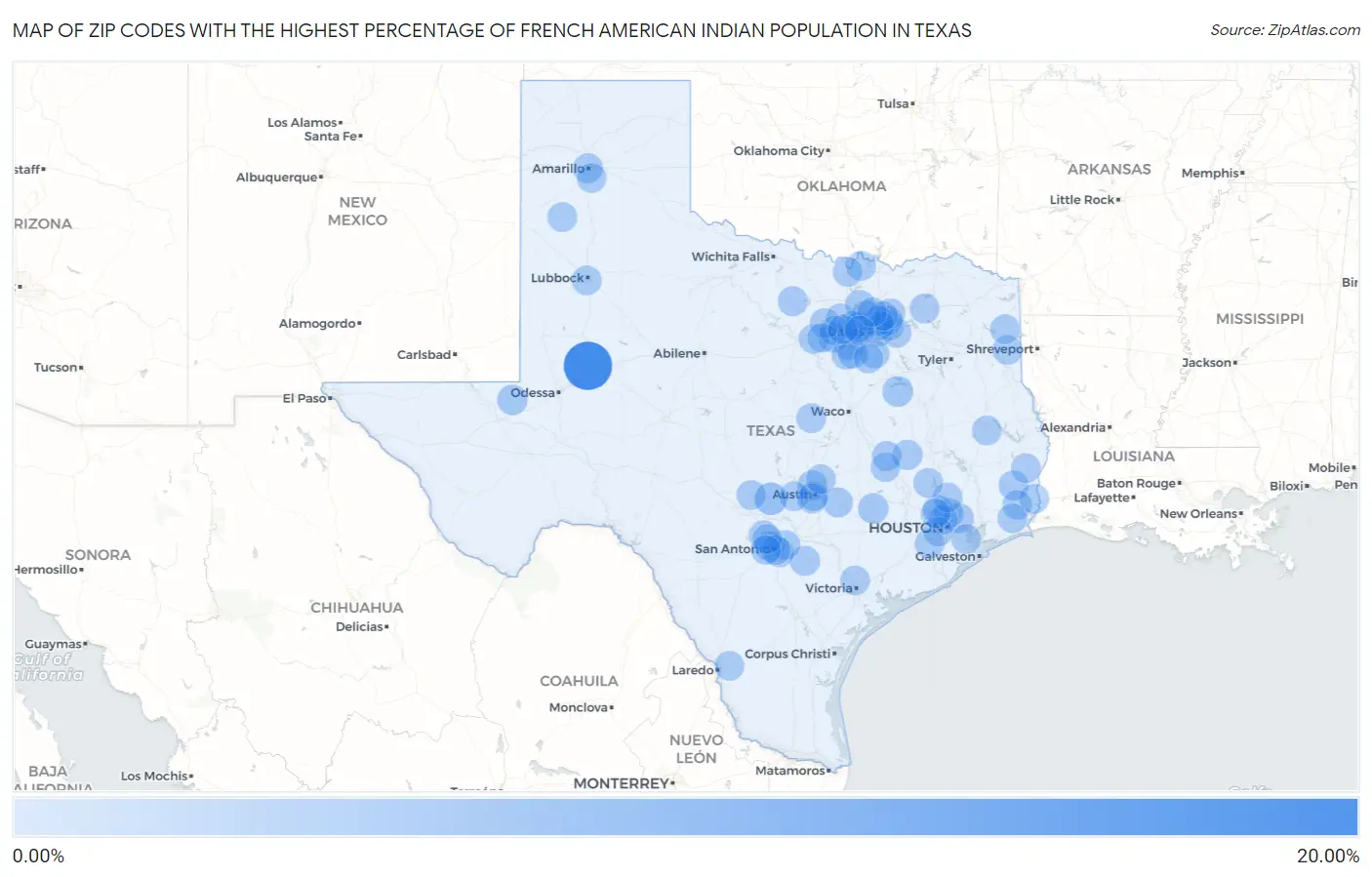 Zip Codes with the Highest Percentage of French American Indian Population in Texas Map