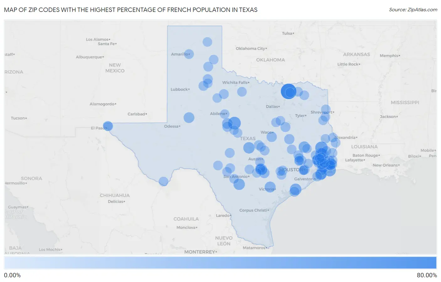 Zip Codes with the Highest Percentage of French Population in Texas Map