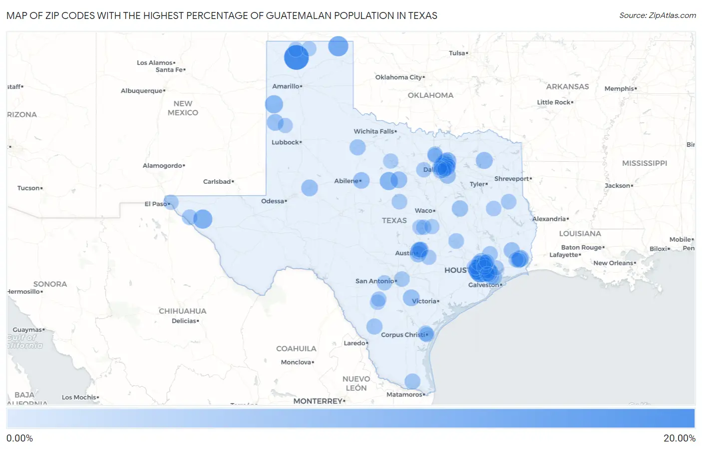 Zip Codes with the Highest Percentage of Guatemalan Population in Texas Map