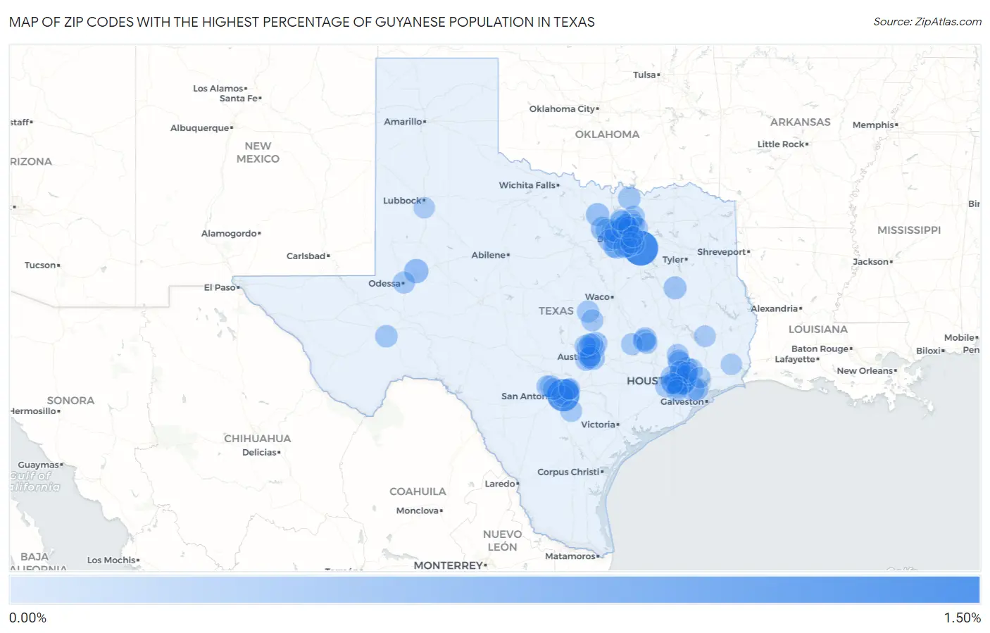 Zip Codes with the Highest Percentage of Guyanese Population in Texas Map