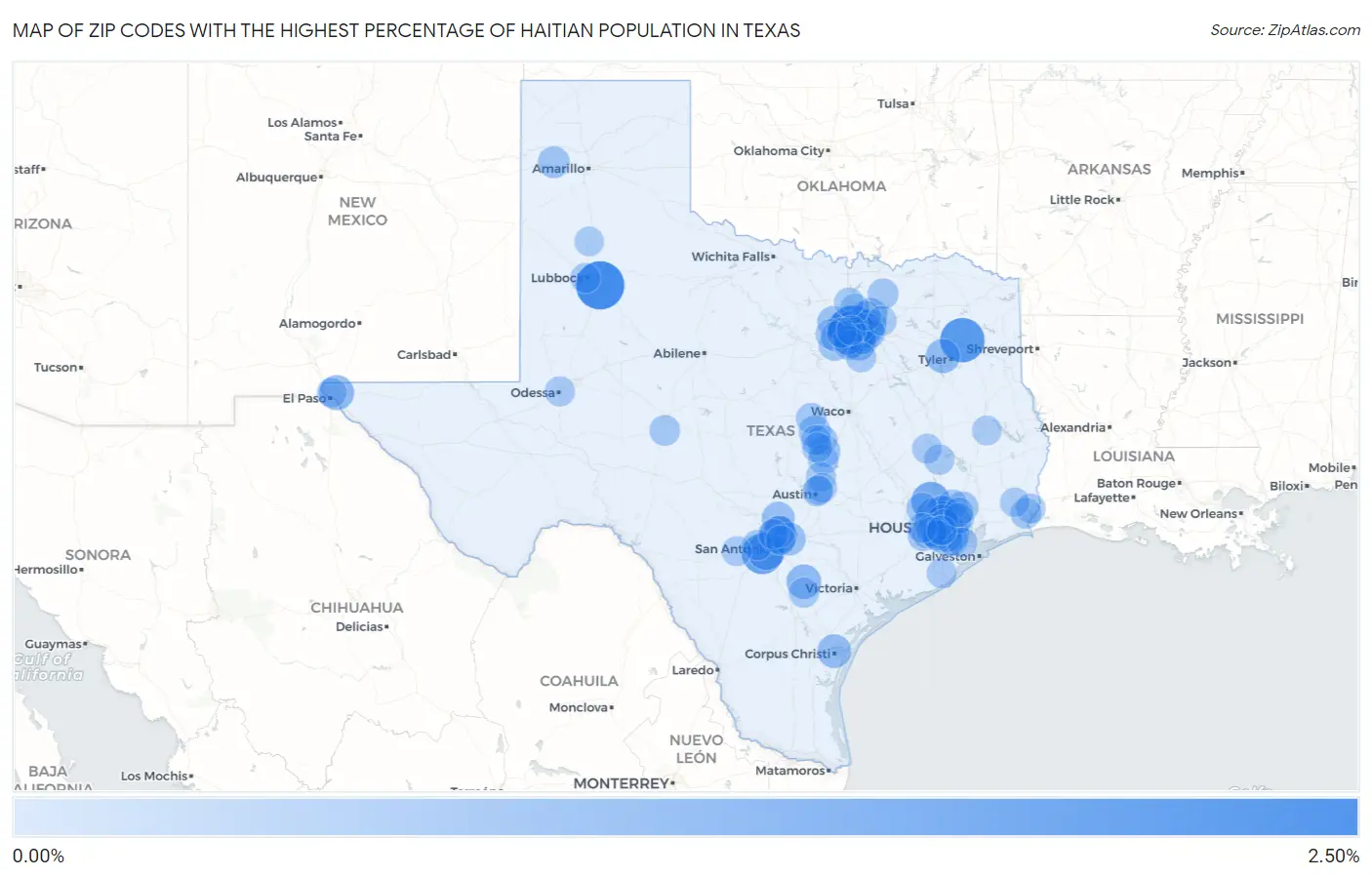 Zip Codes with the Highest Percentage of Haitian Population in Texas Map