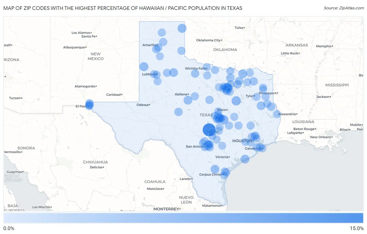 Zip Codes with the Highest Percentage of Hawaiian / Pacific Population in Texas Map