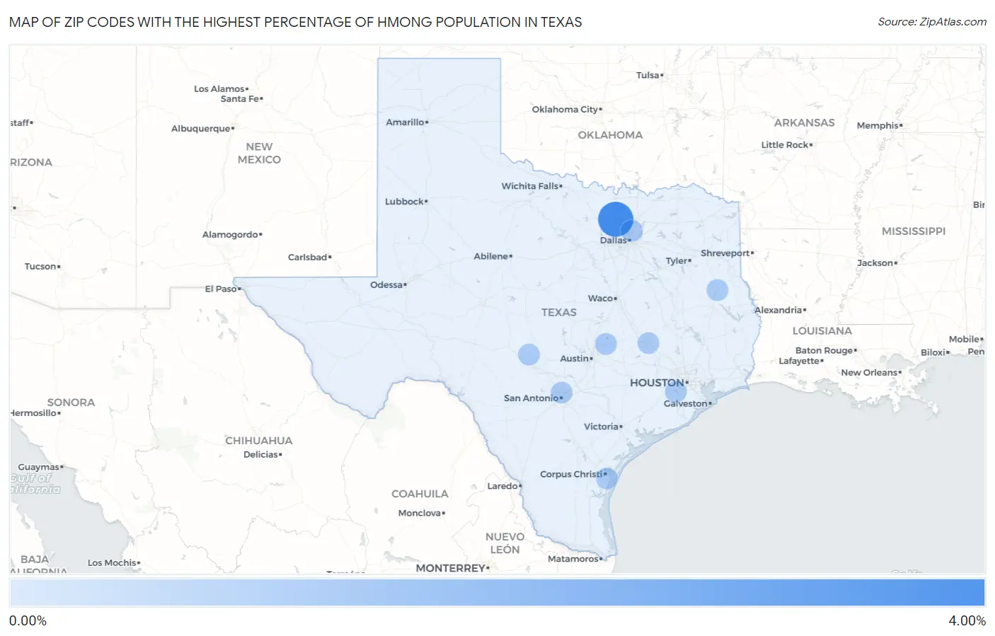Zip Codes with the Highest Percentage of Hmong Population in Texas Map