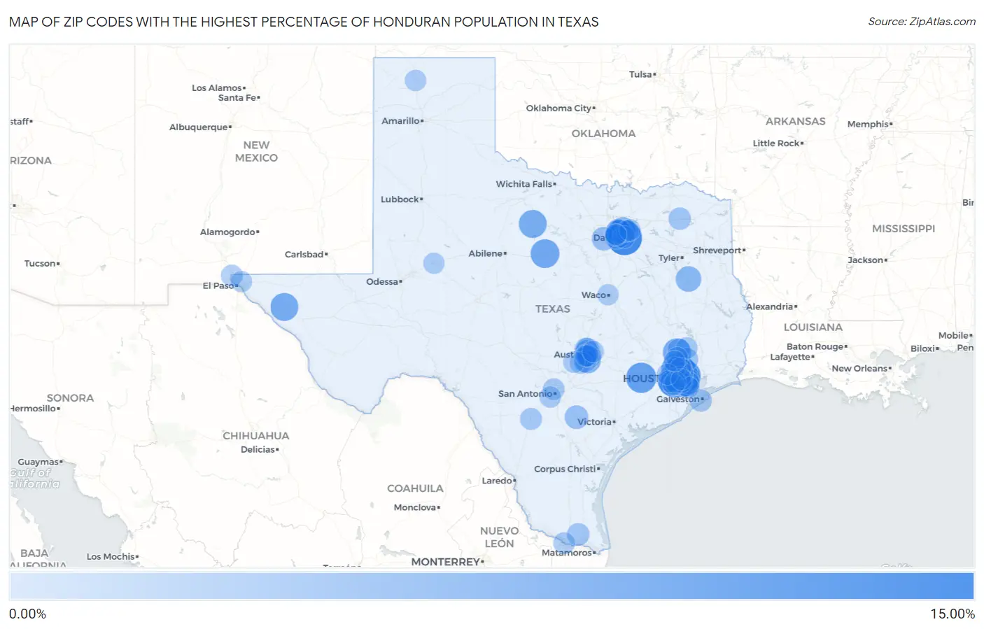 Zip Codes with the Highest Percentage of Honduran Population in Texas Map