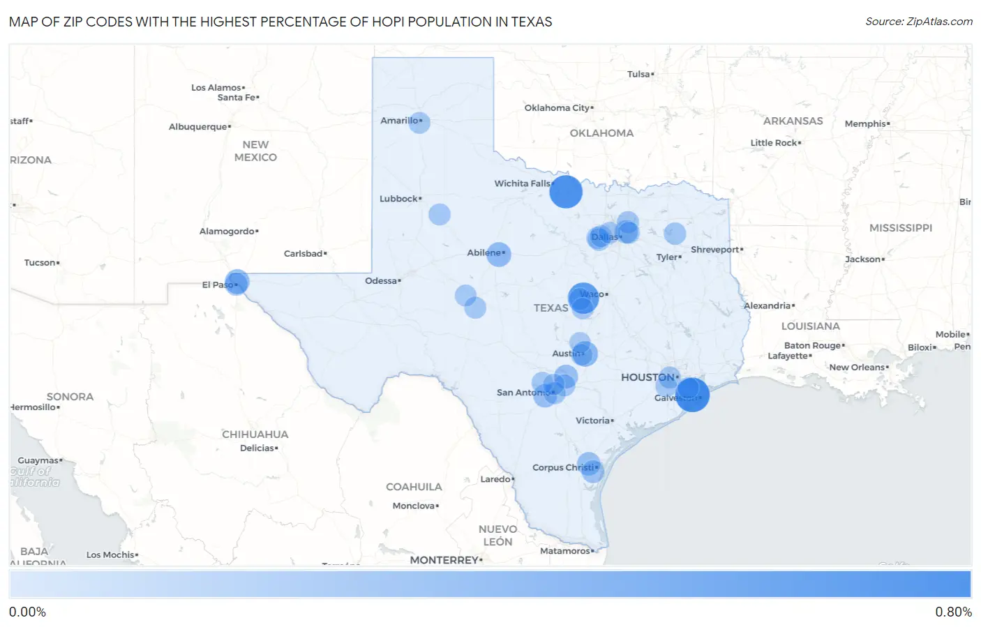 Zip Codes with the Highest Percentage of Hopi Population in Texas Map