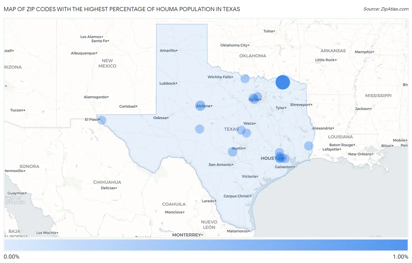 Zip Codes with the Highest Percentage of Houma Population in Texas Map