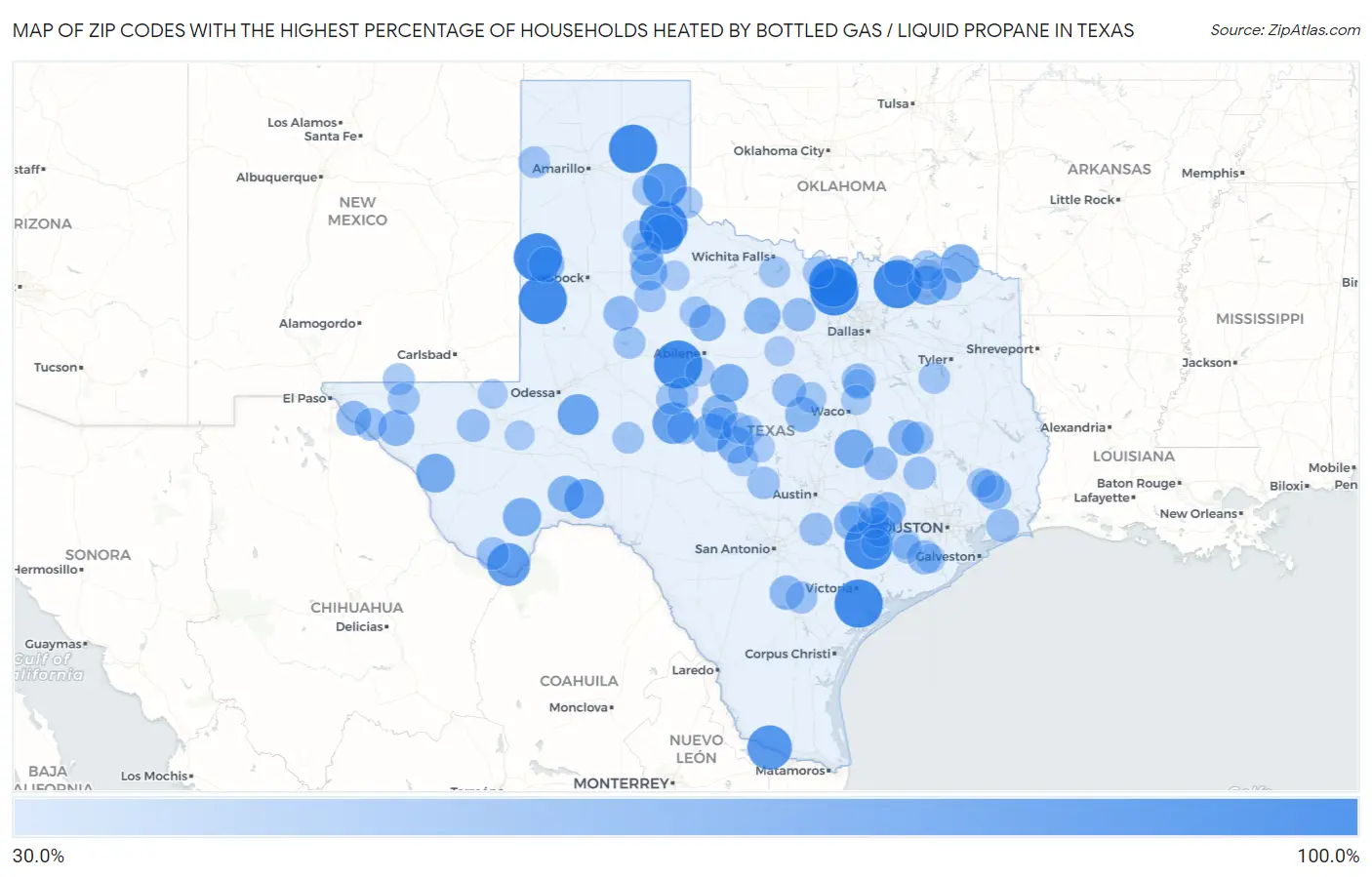 Zip Codes with the Highest Percentage of Households Heated by Bottled Gas / Liquid Propane in Texas Map