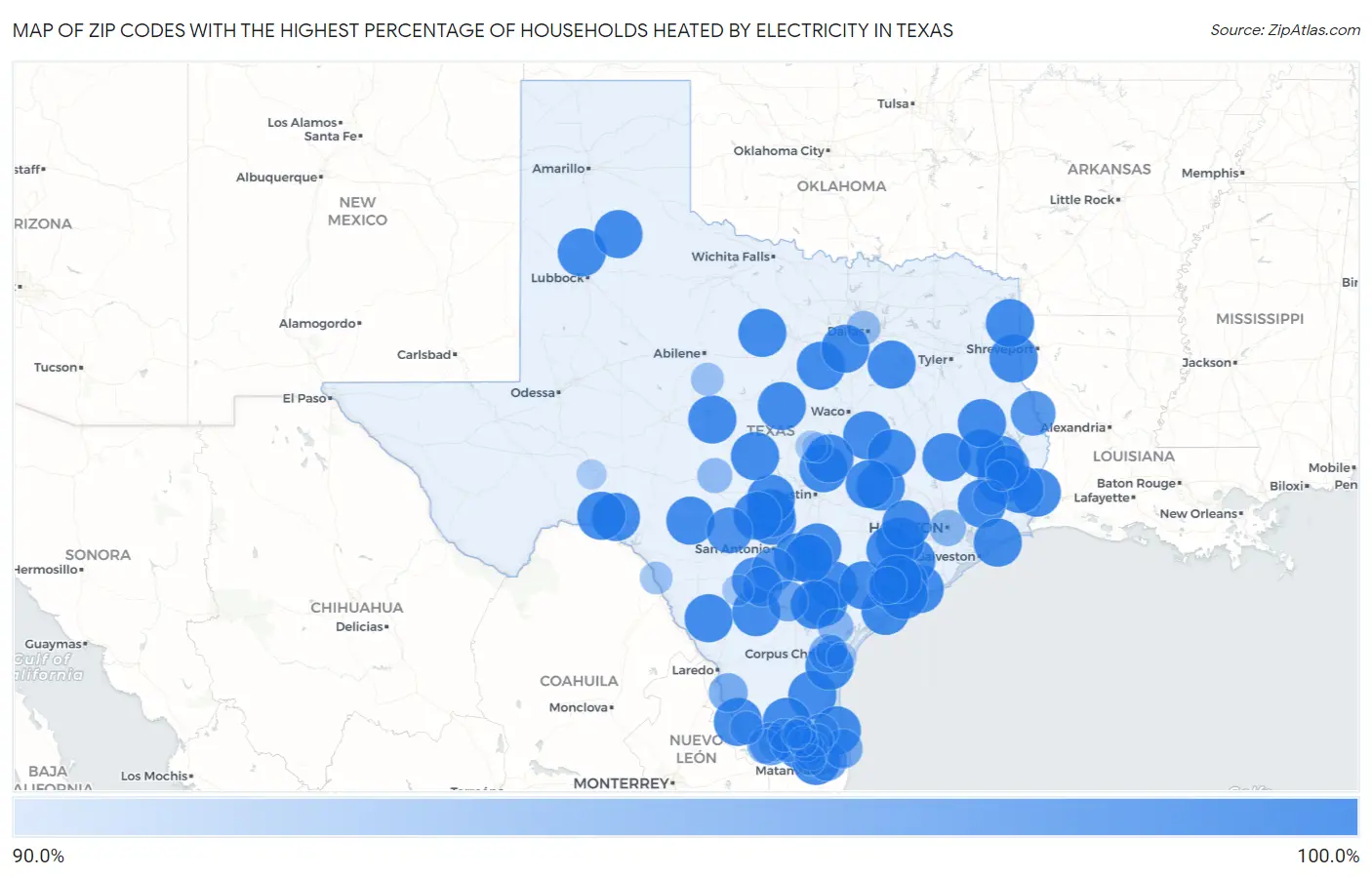 Zip Codes with the Highest Percentage of Households Heated by Electricity in Texas Map