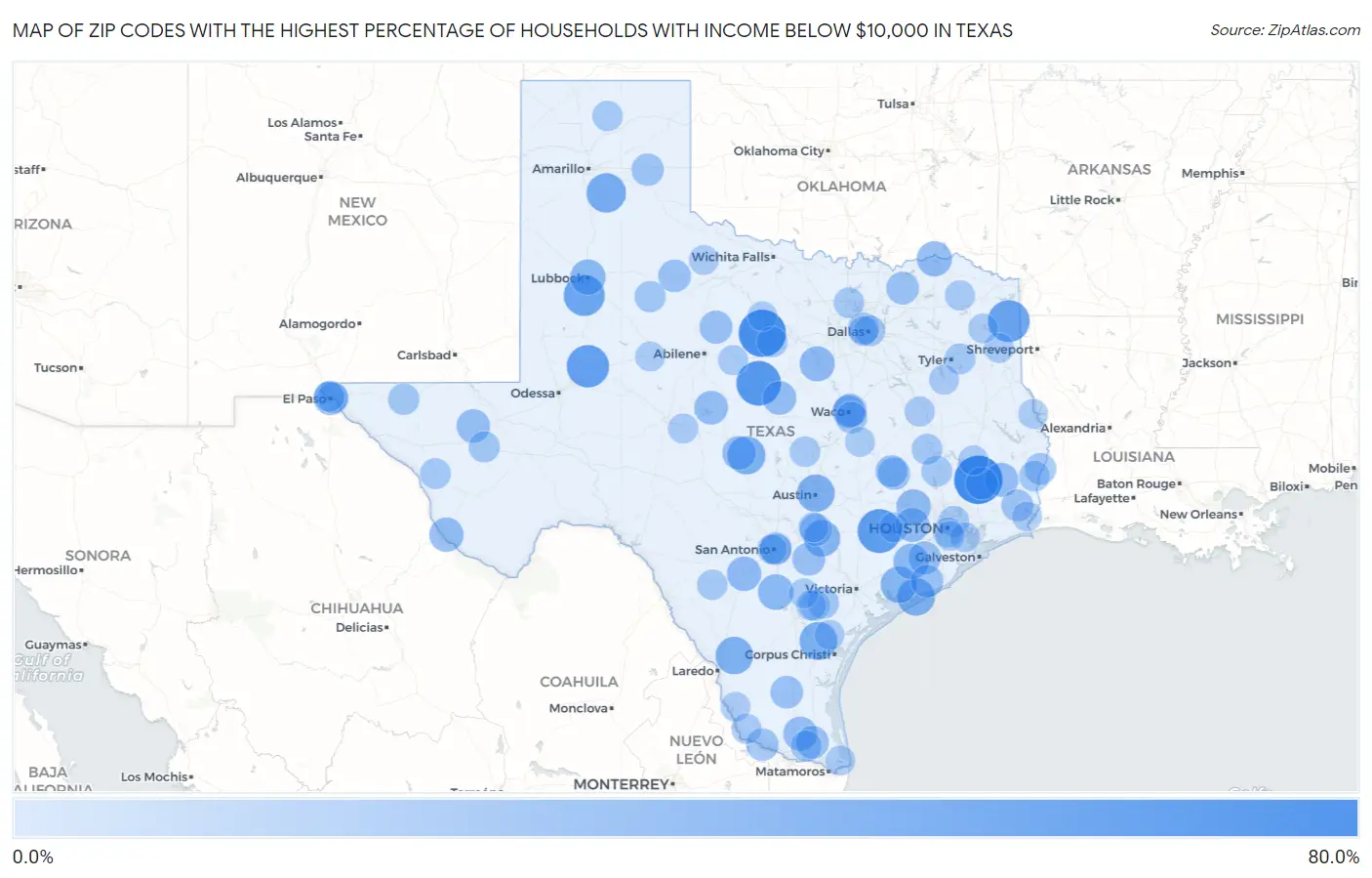 Zip Codes with the Highest Percentage of Households with Income Below $10,000 in Texas Map