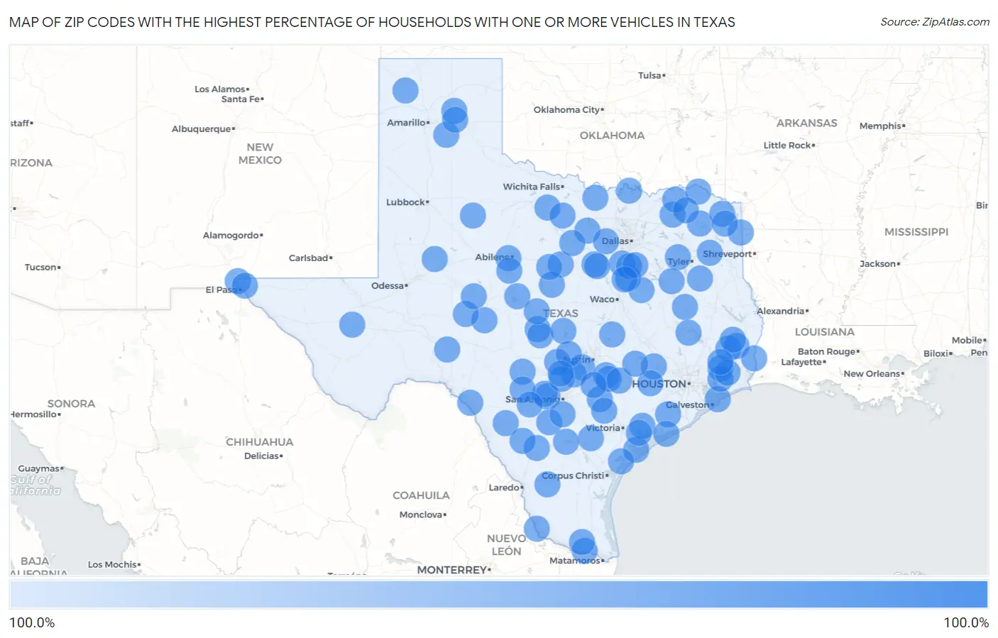 Zip Codes with the Highest Percentage of Households With One or more Vehicles in Texas Map