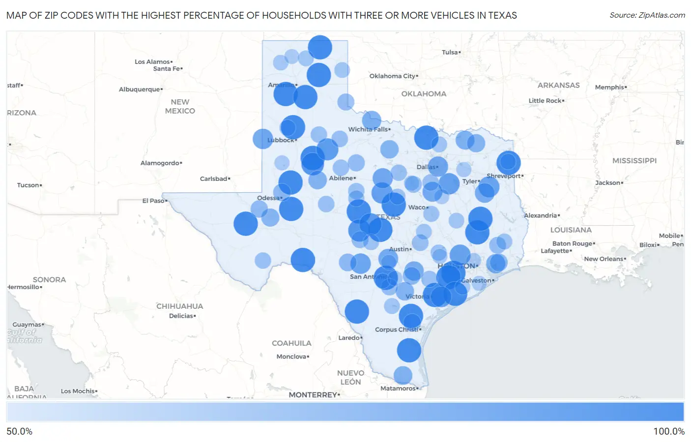 Zip Codes with the Highest Percentage of Households With Three or more Vehicles in Texas Map