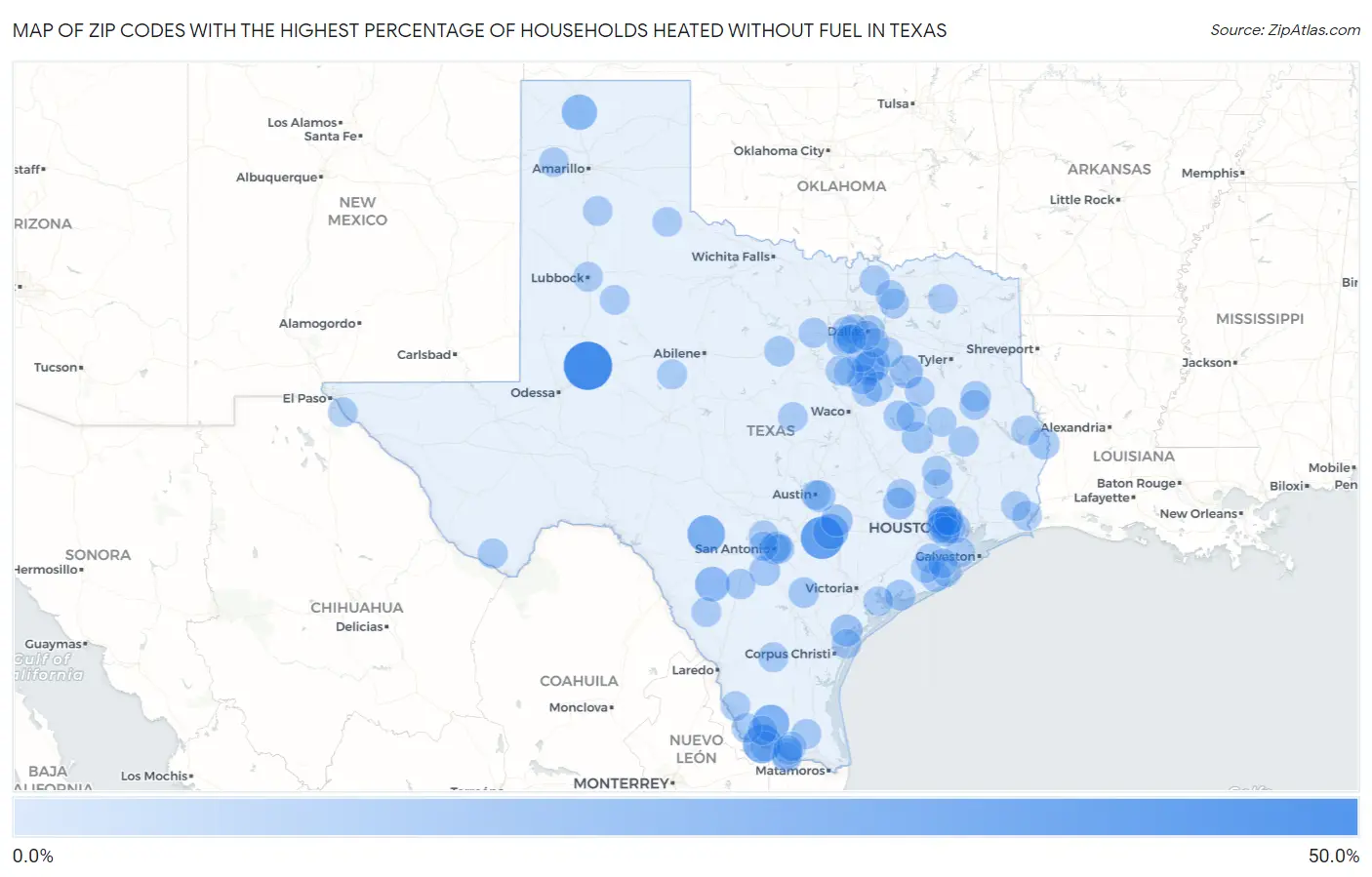 Zip Codes with the Highest Percentage of Households Heated without Fuel in Texas Map