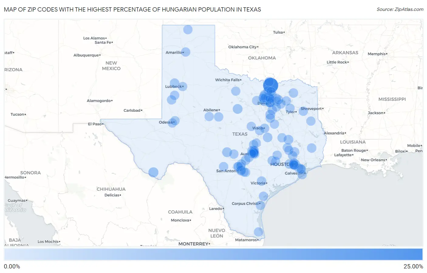 Zip Codes with the Highest Percentage of Hungarian Population in Texas Map