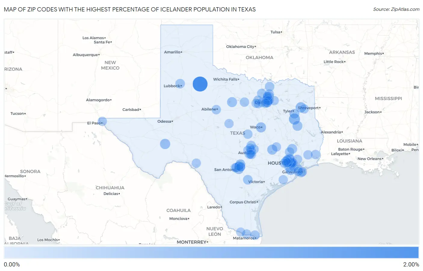 Zip Codes with the Highest Percentage of Icelander Population in Texas Map