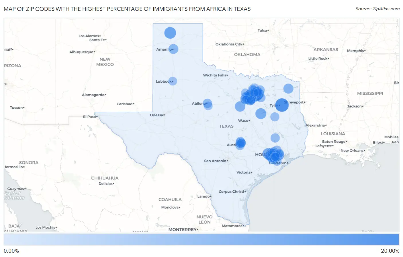 Zip Codes with the Highest Percentage of Immigrants from Africa in Texas Map